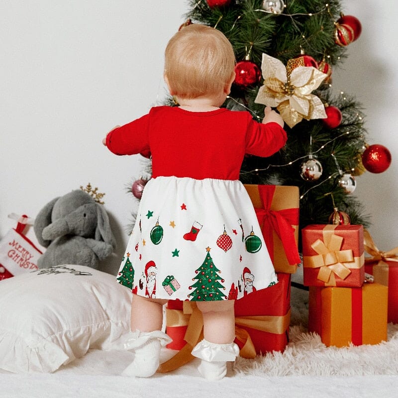 Christmas Baby Long - sleeve Bow Dress - Baby Bubble Store