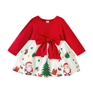 Christmas Baby Long - sleeve Bow Dress - Baby Bubble Store